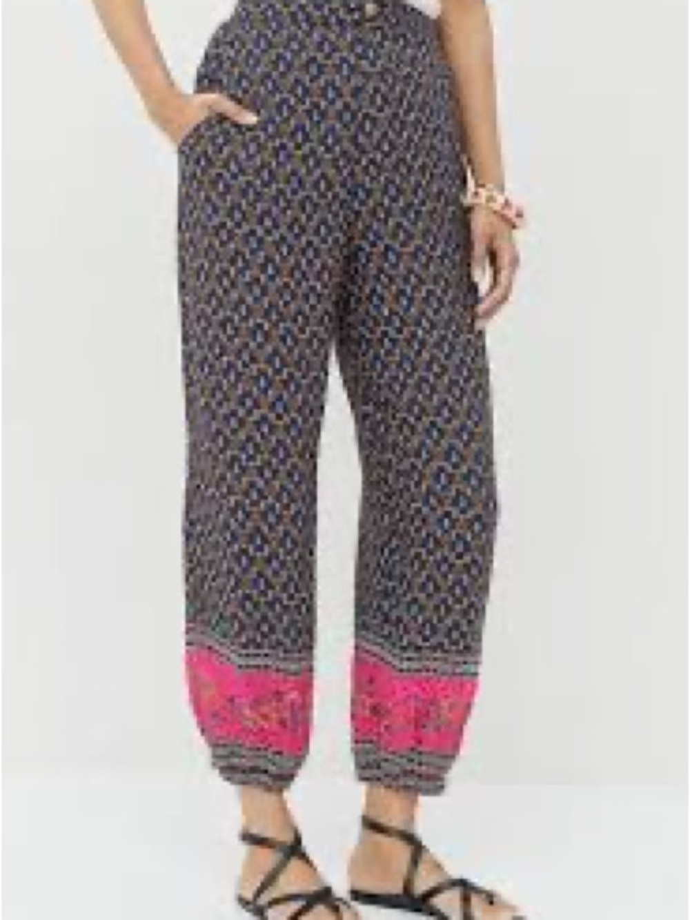 Anthropologie Navy Printed Cropped Harem Pants with Pink Hem